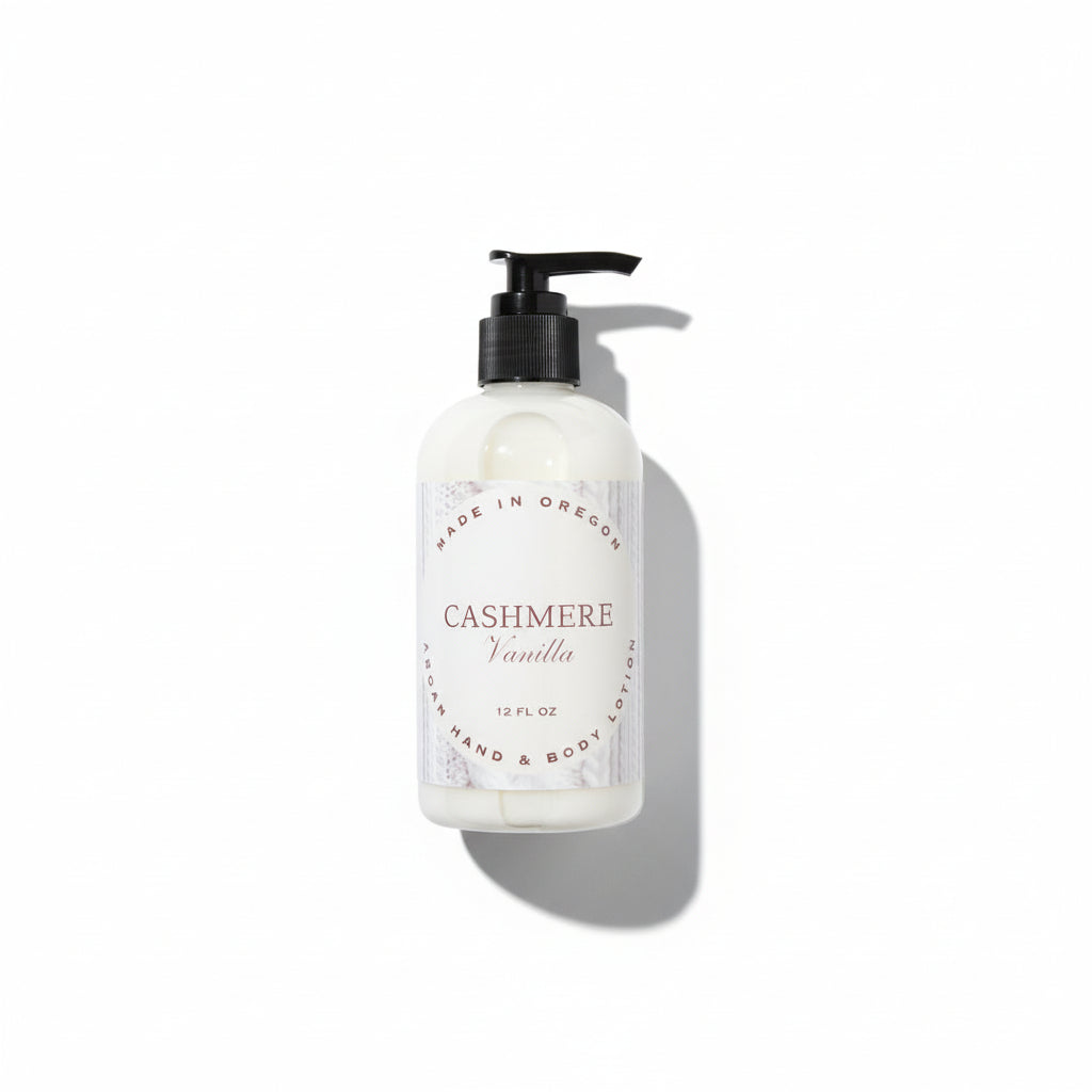 Cashmere Vanilla hand and body lotion made with argan and coconut oil for soft, hydrated skin
