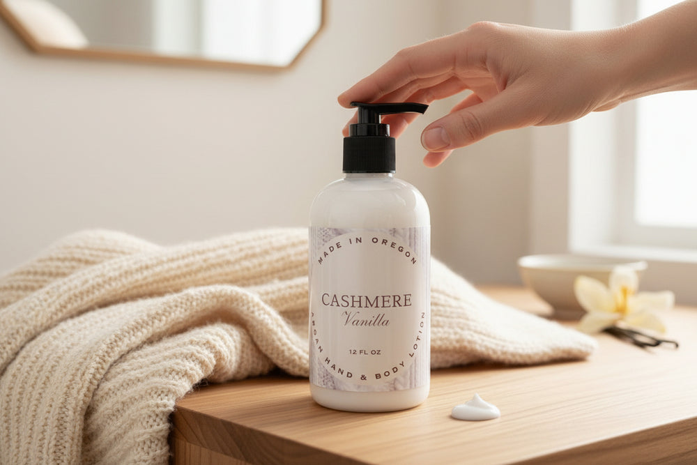 Cashmere Vanilla hand and body lotion made with argan and coconut oil for soft, hydrated skin
