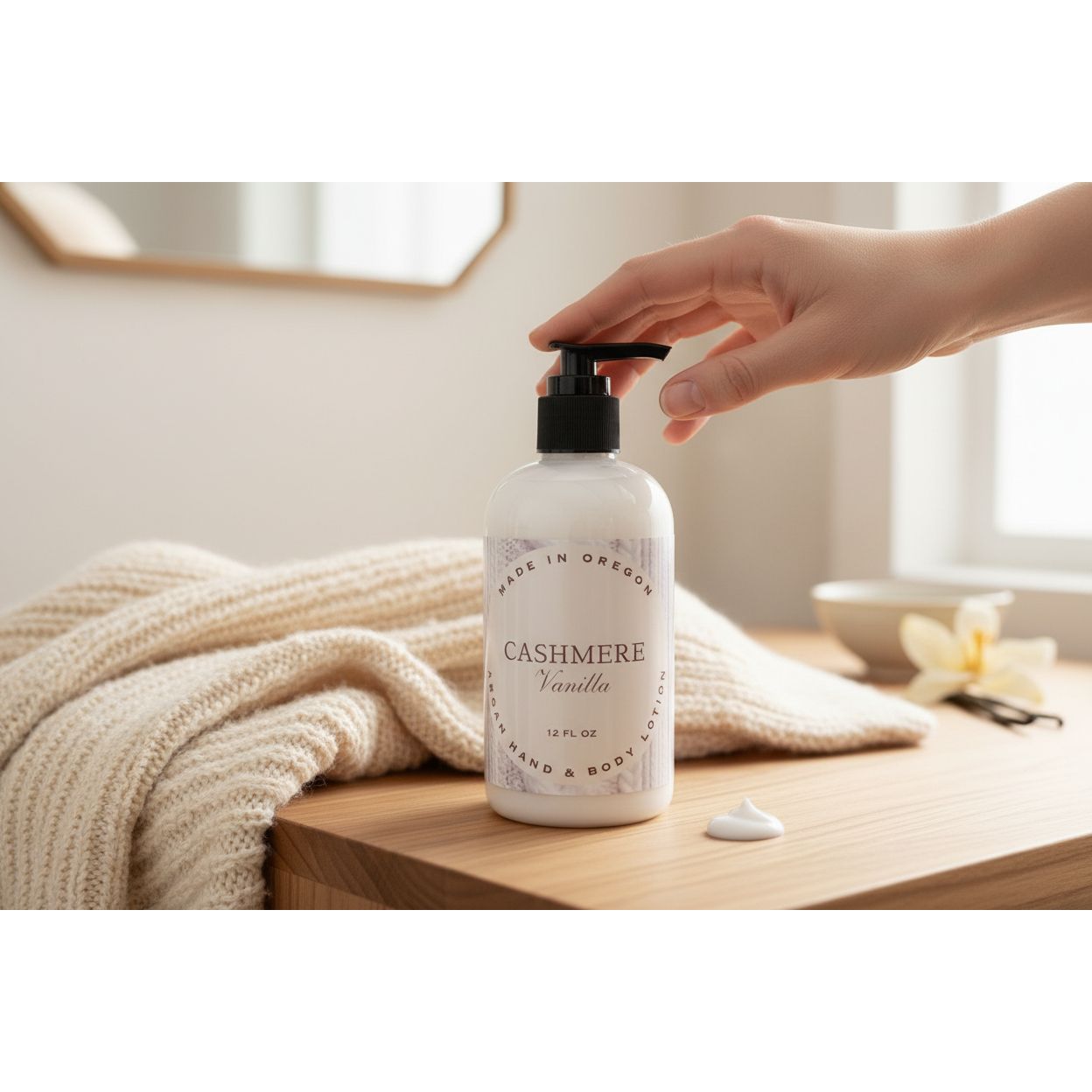 Cashmere Vanilla hand and body lotion made with argan and coconut oil for soft, hydrated skin
