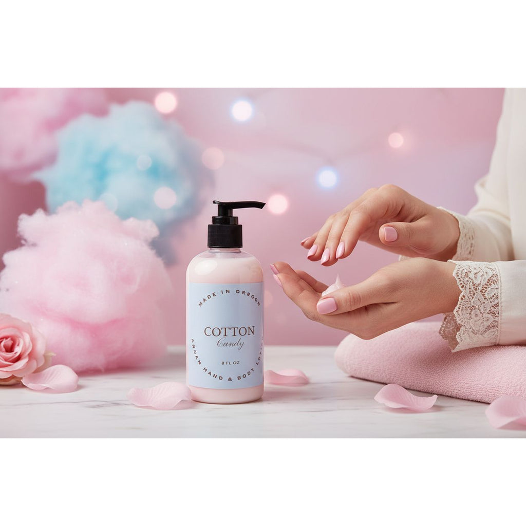 Cotton Candy hand and body lotion with argan and coconut oils for smooth, moisturized skin
